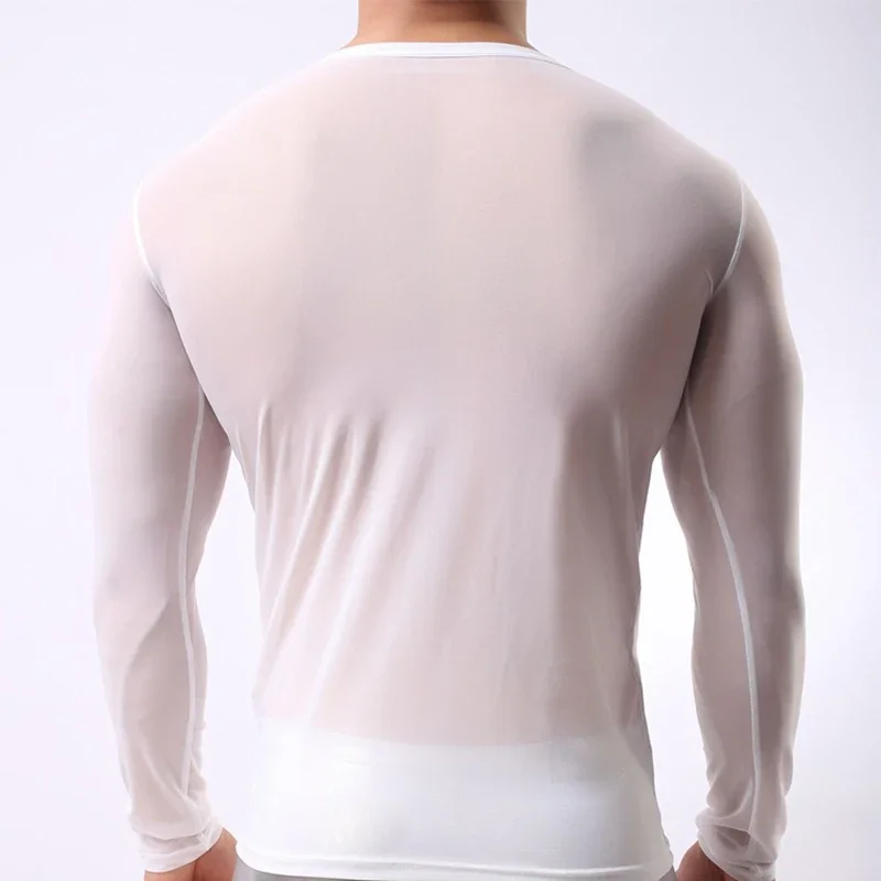 Men Undershirt Sexy Mesh Transparent Sheer Shirts Long Sleeves Slip Homme T Shirts Ondergoed Hemd Gay Top Tee Underwear Clubwear