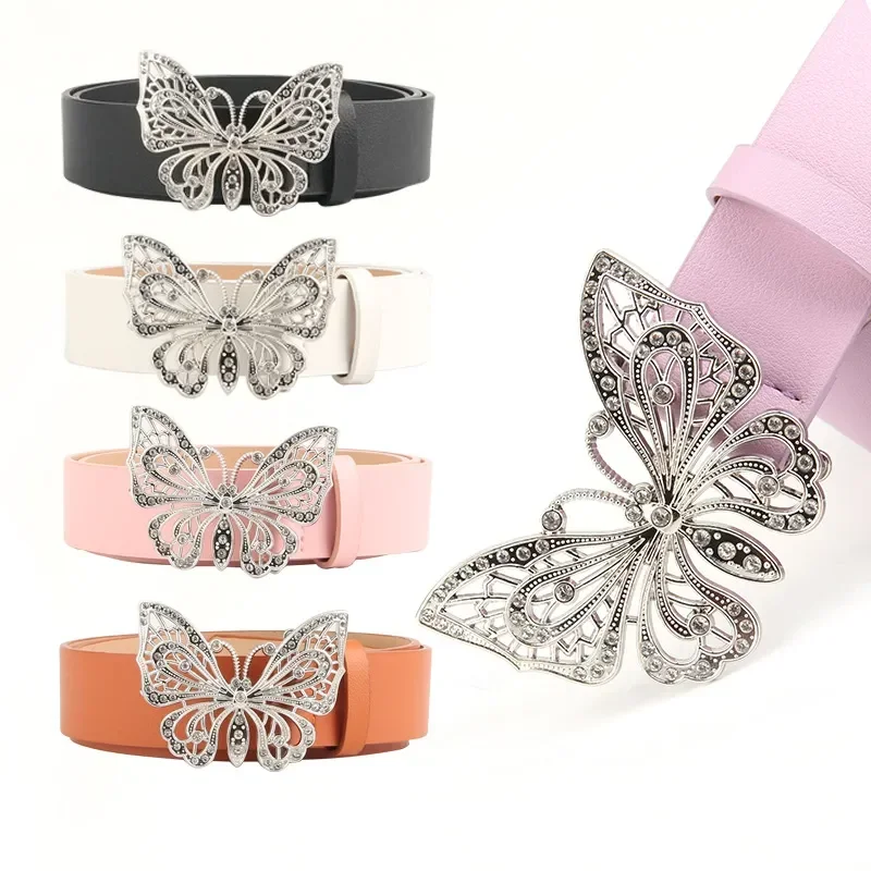 

New Unique Butterfly Diamond Belt Women Fashion Metal Buckle Shiny Pu Belts Female Jeans Dress Waistband