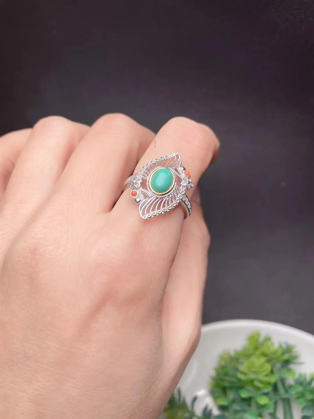 

Natural 100% real 925 sterling silver rings inlaid real turquoise jade rings Open Ring jade rings for women man engagement gift