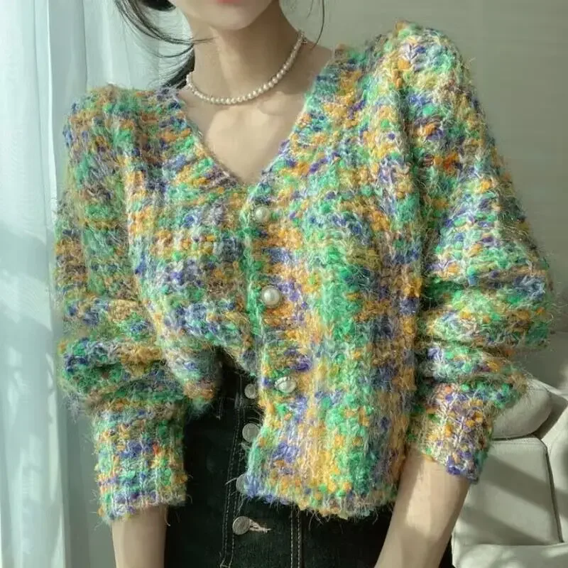 

2023 Autumn Casual Rainbow V-neck Knitted Cardigan Women Winter Long Sleeve Sweater Jacket Single Breasted Sweaters Jacket 29035