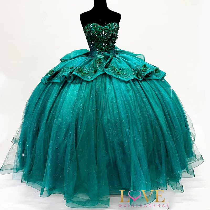 

Emerald Green Lace Quinceanera Dresses Ball Gown 3DFlower Beaded Off Shoulder Sweet 16 Dress Birthday Party Dress Vestidos De 15
