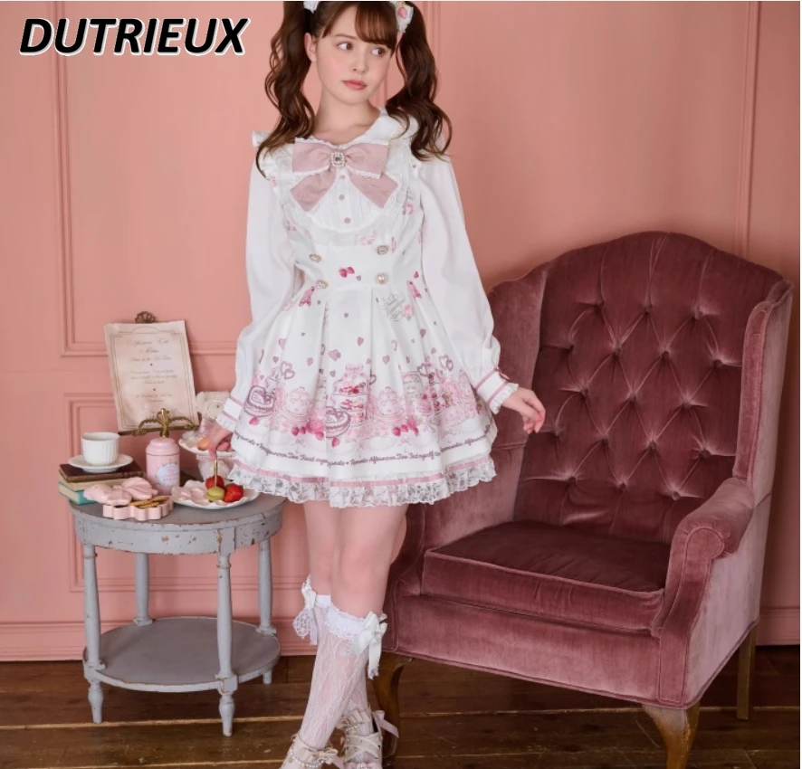 Dress Two Piece Set Liz Dress Mine Sweet Printed High Waist Long Sleeve Suit Navy Neck Dresses and Bottom Skirt