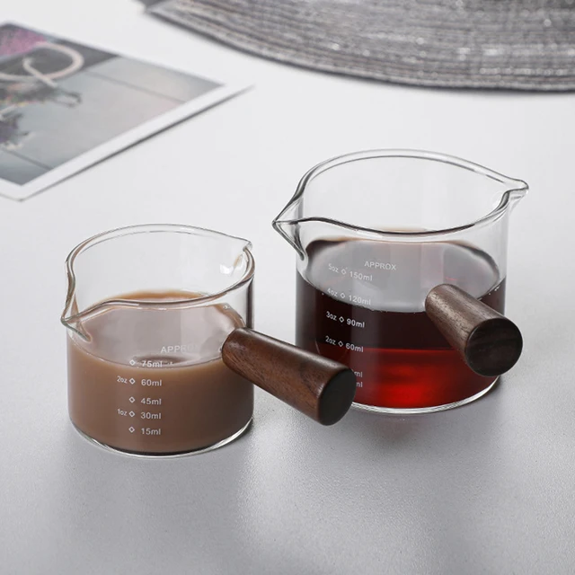 Glass Milk Cup Jug with Wood Handle, 50ml/100ml Milk and Cream Pitcher, Shot Glasses Espresso Parts Heat Resistant Glass Creamer for Coffee Tea or