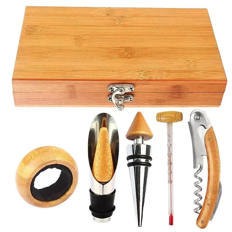 5pcs Bar Tools Wine Bottle Corkscrew Opener in Pourer Wooden Box 5 Pieces Kit Wine Accessories Gift Set with Bamboo