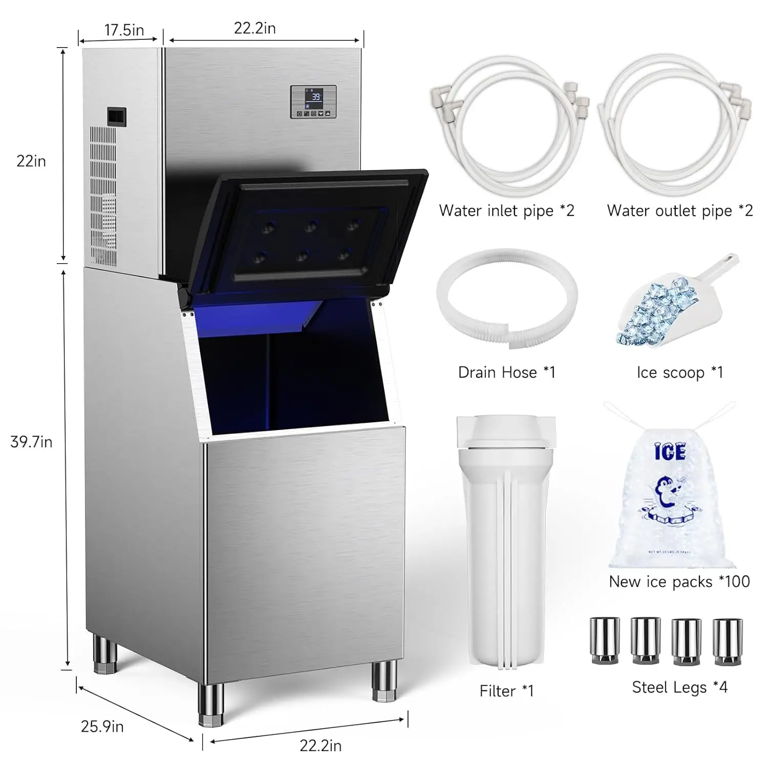 Commercial Ice Maker Machine 550lb/24H Stainless Steel Ice Machine 360lbs Storage Capacity Freestanding Industrial Maker