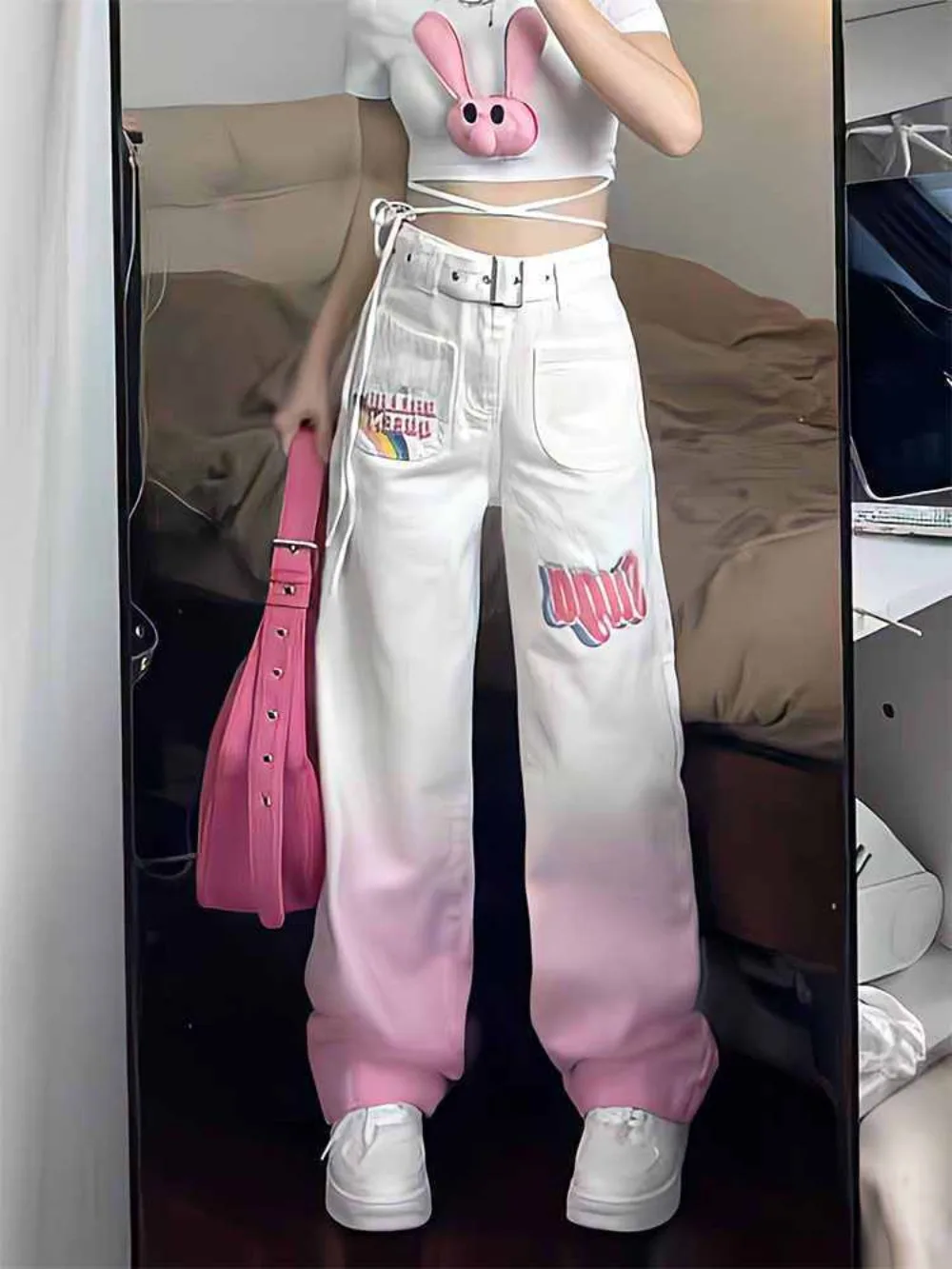 

Gradient pink printed jeans this summer 2023 women high waist loose straight leg wide leg mop pants Harajuku American retro