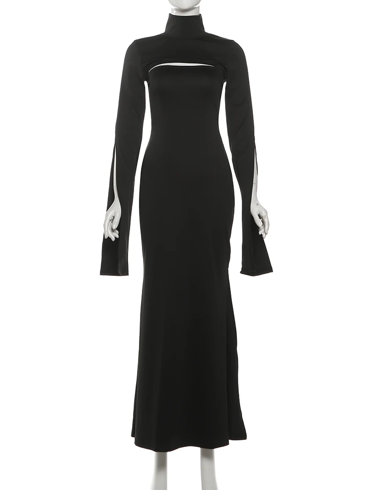 Nibber Fashion Chic 2-Piece Set Women Strapless Split Maxi Dress+Super Short Half-Sleeve Turtleneck Top Matching Elegant Outfits