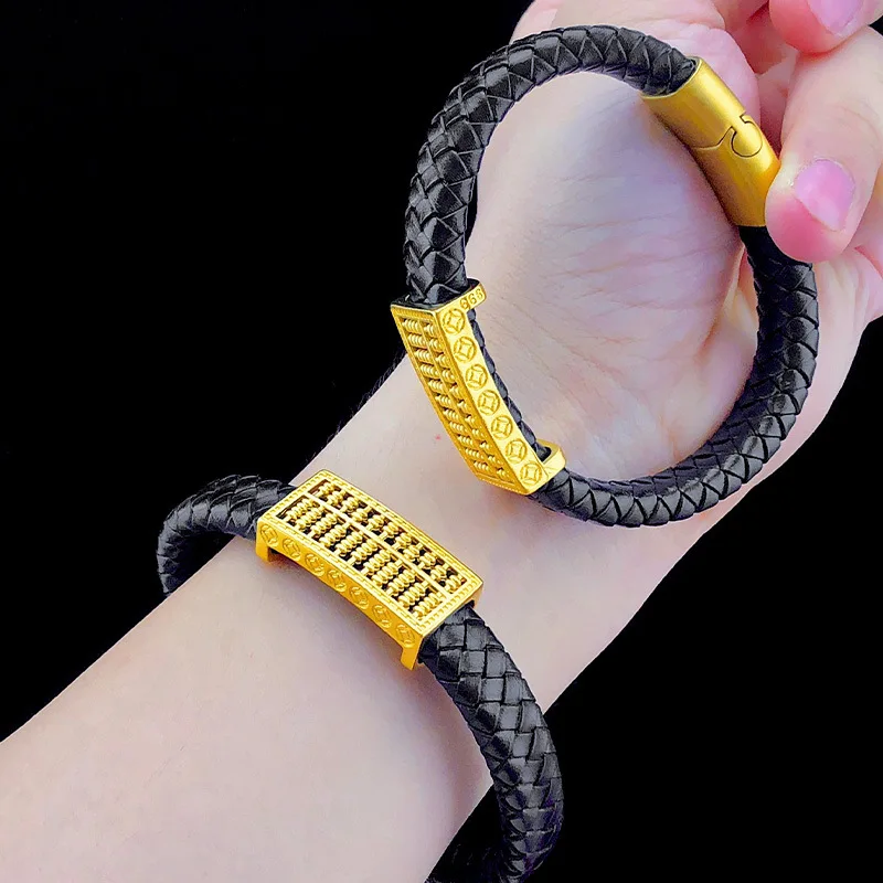 

Real 18K Gold Abacus Leather Rope Bracelet for Men Pure 999 Gold Luxury Bracelet Chains Wedding Engagement Fine Jewelry Gifts
