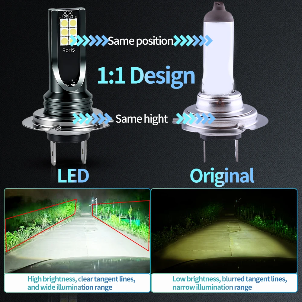 강력한 2PCS H7 3030SMD 12칩셋 6000K 자동차/오토바이 LED 헤드라이트 전구 자동차 헤드램프 안개등용 플러그 앤 플레이