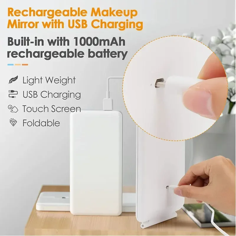 USB Rechargeable Makeup Mirror Touch Screen Dimming 3 Colors Light Modes Makeup Mirror HD Cosmetic Mirrors Folding LED