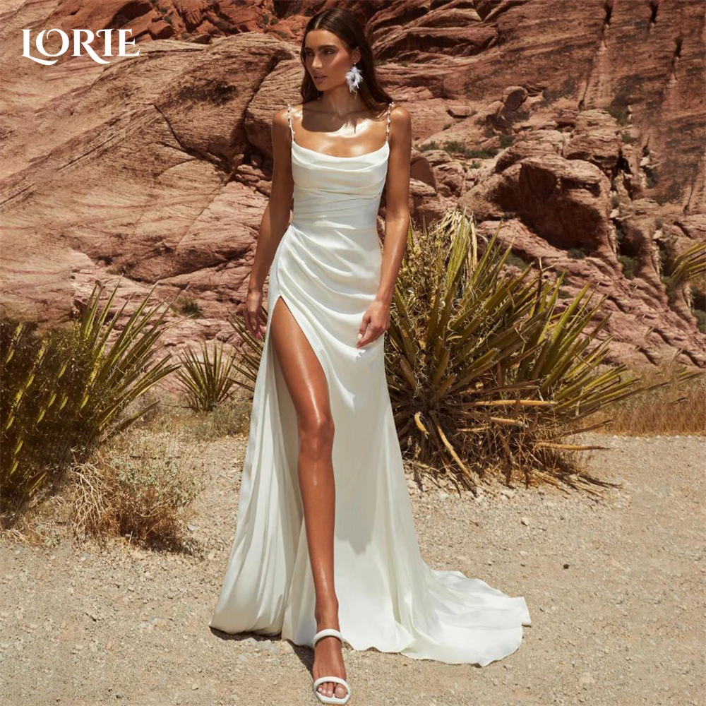 

LORIE Luxury Mermaid Wedding Dresses Draped Square Collar Pearls Spaghetti Straps Bridal Gowns Pleats Side Slit Bride Dress 2024