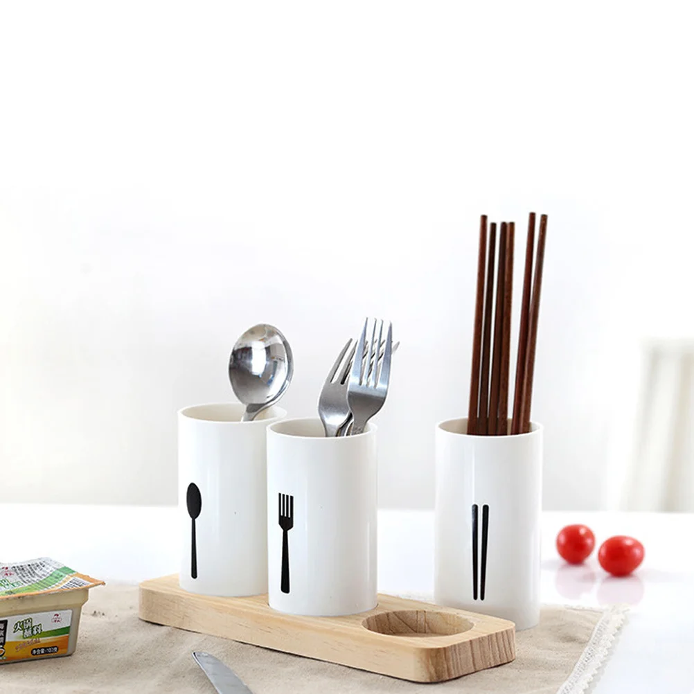 

Flatware Organizer with Wood Base Chopsticks Storage Holder Cutlery Utensil Silverware Tube Dinnerware Rack