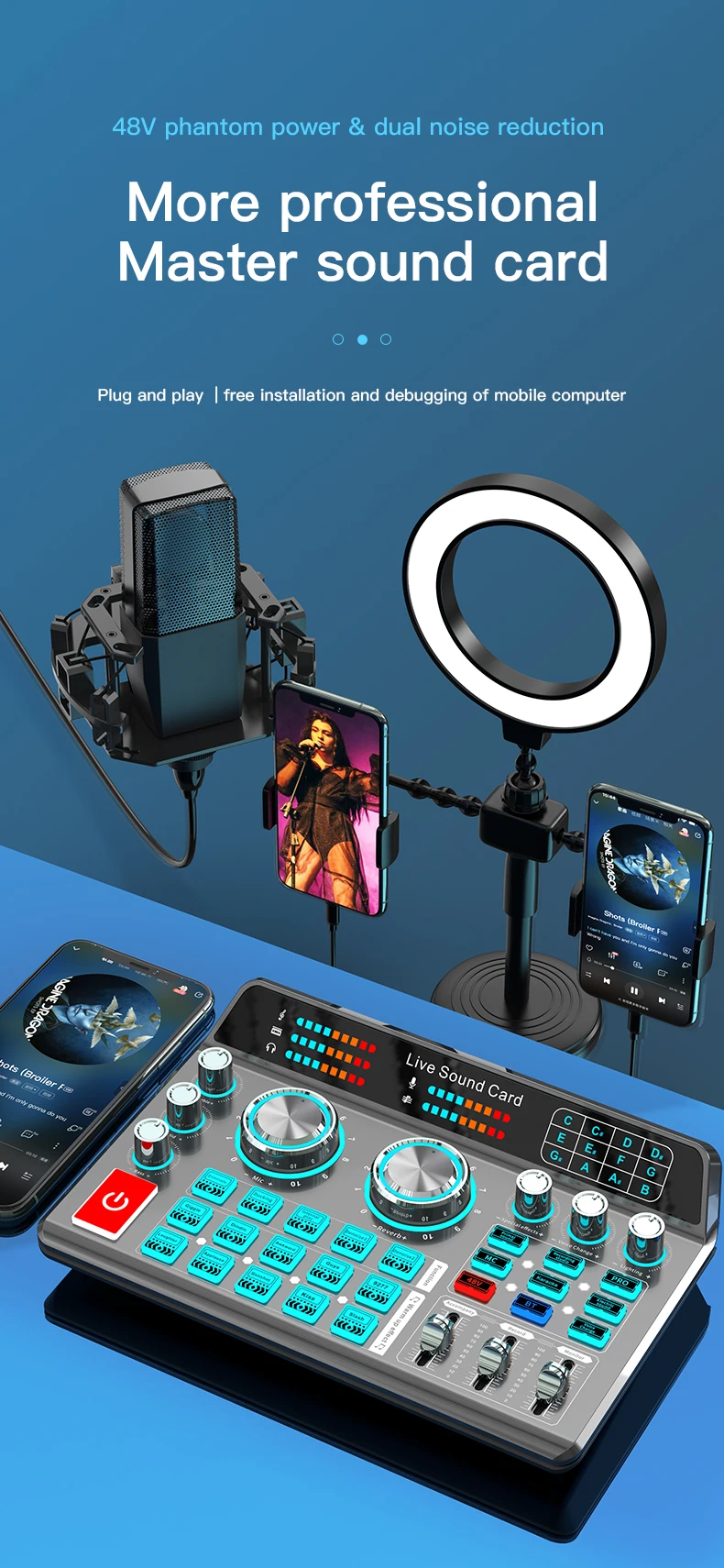 Live Sound Card for Mobile & Computer Universal Recording Mic Head Dedicated for Singing and Live Streaming