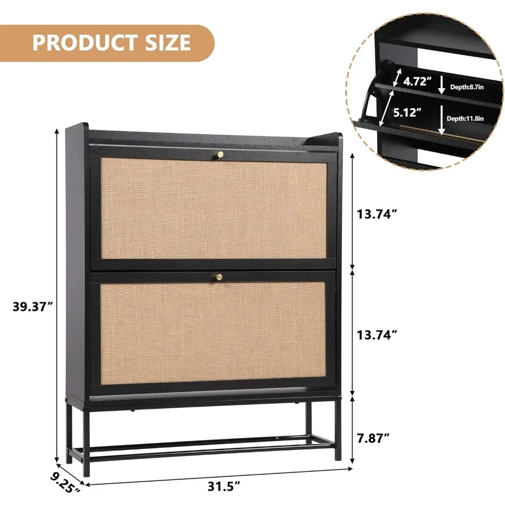 Shoe Cabinet for Entryway, Black Slim Shoe Cabinet with 2 Flip Drawers Narrow Shoe Storage Cabinet, 2 Tier Freestanding 2