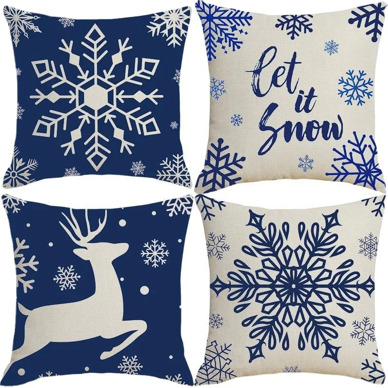 

45cm Christmas Linen Pillow Cover Xmas Blue Snowman Elk White Pillow Case Merry Christmas Decor For Home 2024 Noel Decor