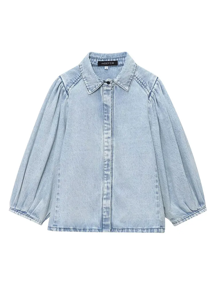 HH Women Elegant Blue Denim Blouse Single Breasted Lapel Puff Sleeve Shirt Female Fashion Streetwear Y2K Lady Chic Tops