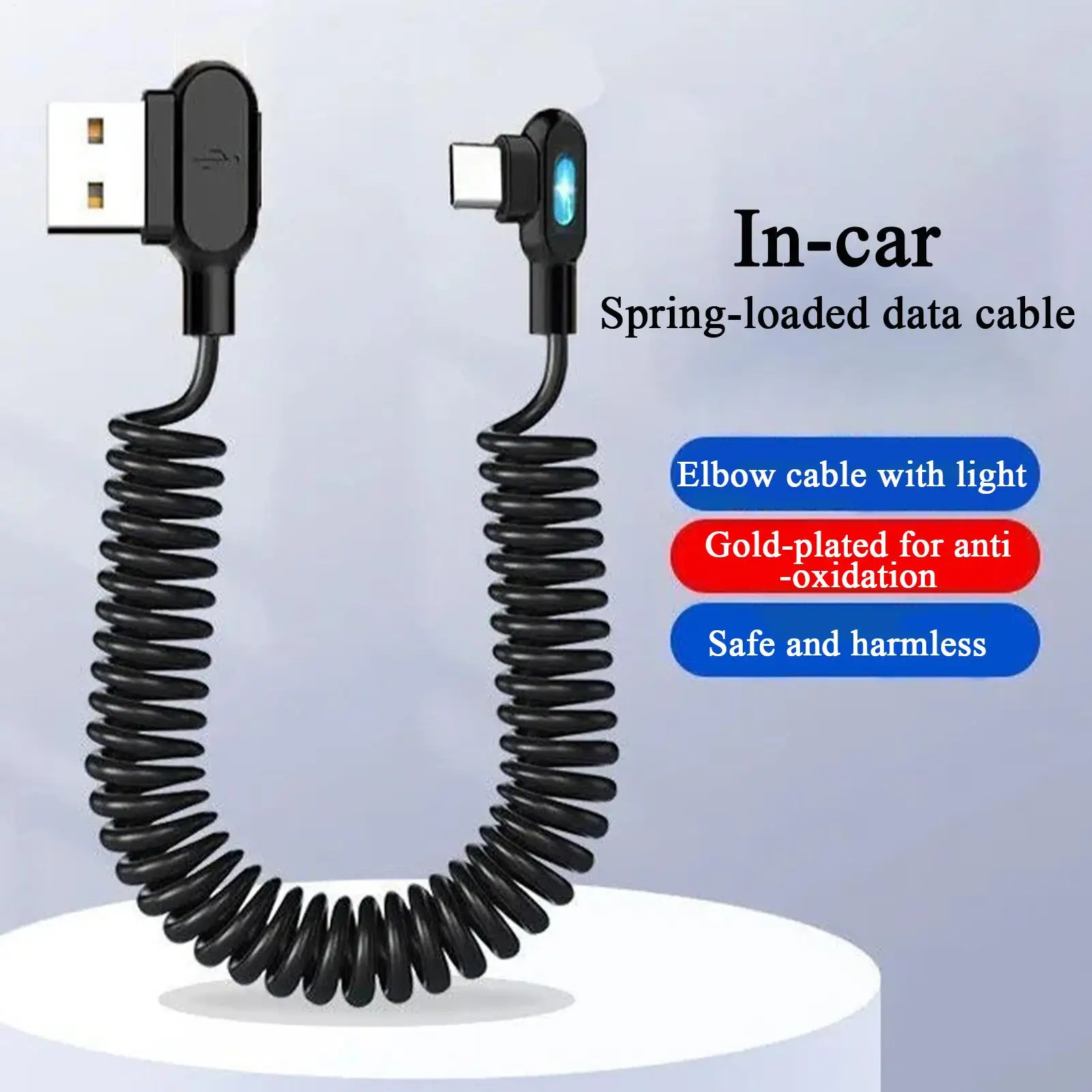 Car-mounted double-bend spring super-fast charging data cable/phone charging cable with light-up function Retractable TypeC Cord