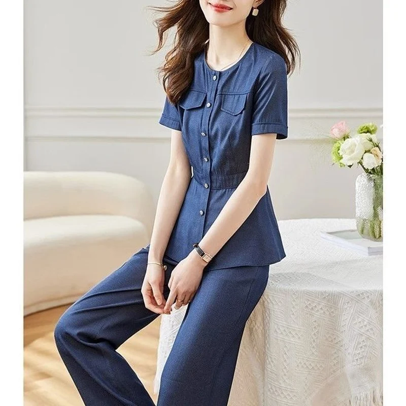 Summer New Pant Set Women Round Neck High Street Short Sleeve Button Cardigan Elastic Waist Pure Cotton Chic Wide Leg Trousers