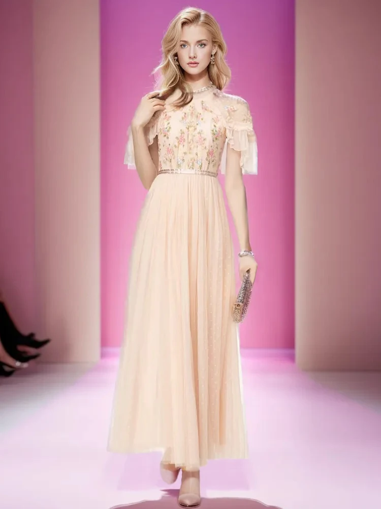 

Extravagant Catwalk Summer Women's High Quality Fashion Party Embroidery Mesh Pink Casual Girls Sweet Pretty Classic Long Dress