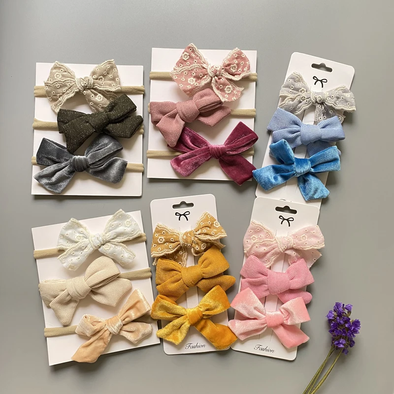 3Pcs/Set Bow Knot Baby Girl Headband Embroidery Bands For Children Cord Velvet Hair Clips Hairpin Cute Newborn Accessories Gifts