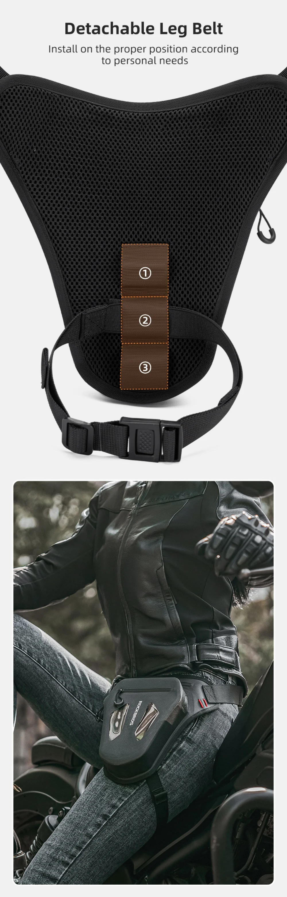 ROCKBROS wasserdichte Motorrad-Beintasche, verstellbare multifunktionale Brusttasche für Herren und Damen, Motorrad-Reitausrüstung – Detail 7