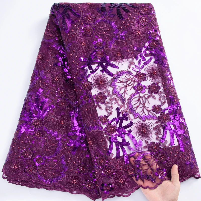 

African Mesh Lace Fabric 2022 Nigerian Tulle Lace Fabric Handmade Bead With Sequins Fabric For Party Wedding Dress A3100