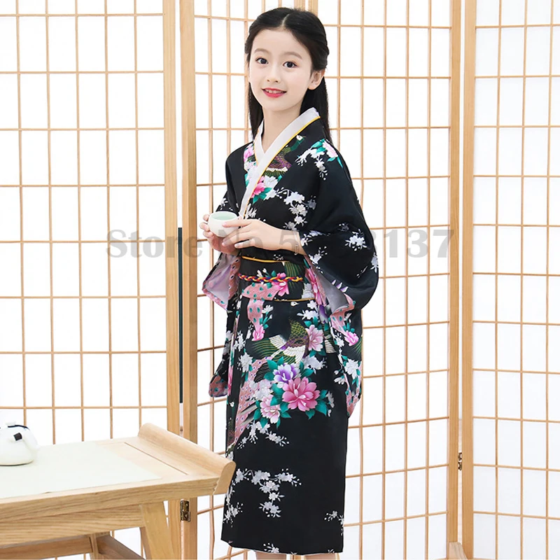 Japanese Kimono Girls Japan Kimono Satin Luxury Novelty Yukata Gown Printed Robe with Obi Children Performance Costume Traditional Asian Clothes