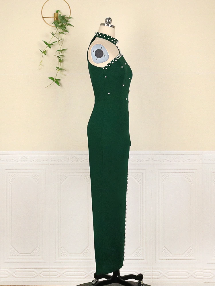 Green Plus Size Dresses Women Sexy One Shoulder Long Sleeve Bodycon Slit Evening Party Event Occasion Beads Long Prom Gown Dress