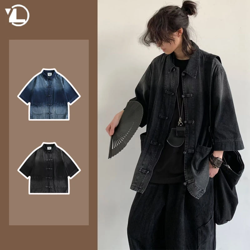 Ancient Style Denim Shirt Mens Halo Dyed Washed Single Breasted Short Sleeved Jacket Lapel Collar Tops
