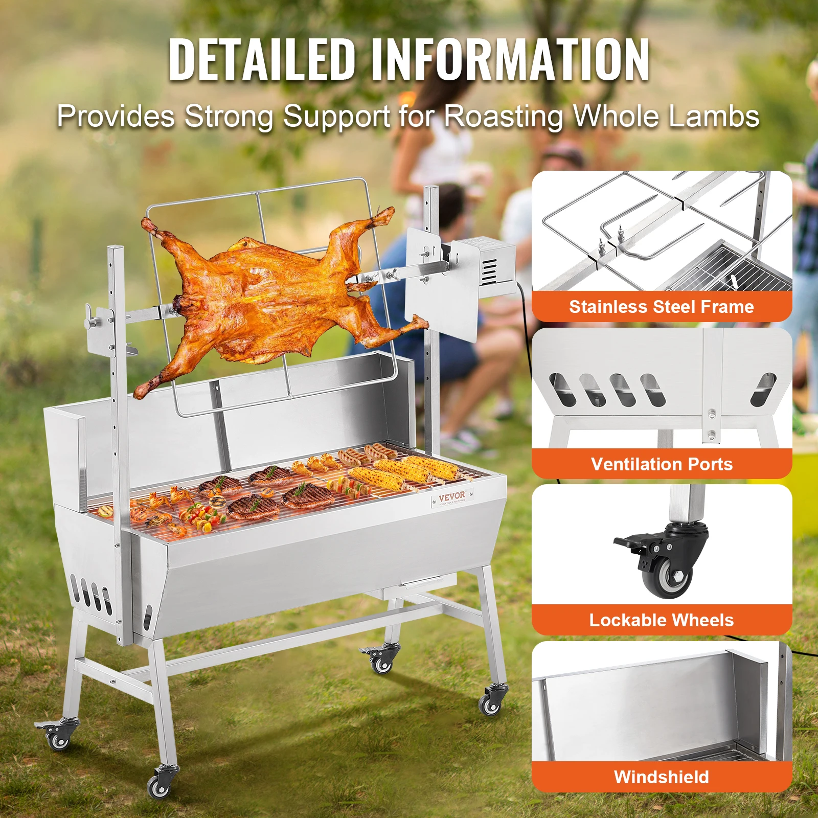 VEVOR 35inch Rotisserie Grill Electric Motor Charcoal Spit Grill Stainless Steel Roaster w/Lockable Wheels for Camping Outdoor 6