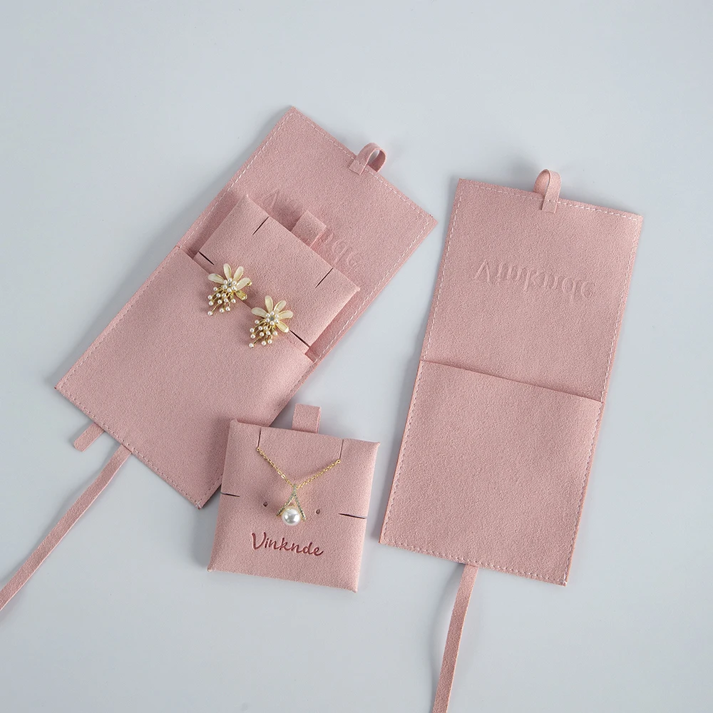 Magic 8*8cm Custom Logo Jewelry Package Pink Microfiber Suede  Envelope Drawstring Gift Bag with Insert Pad Card Jewelry Pouch