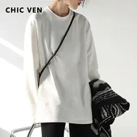 CHIC VEN printemps automne femmes couleur unie ample à manches longues T-shirt col rond haut basique chemise à fond t-shirt décontracté femme femme 1