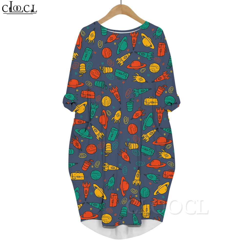 

CLOOCL Women Midi Dresses Cartoon Spacecraft Rocket UFO Print Pockets Dress Round Neck Pullover Robe Vestidos New 2023