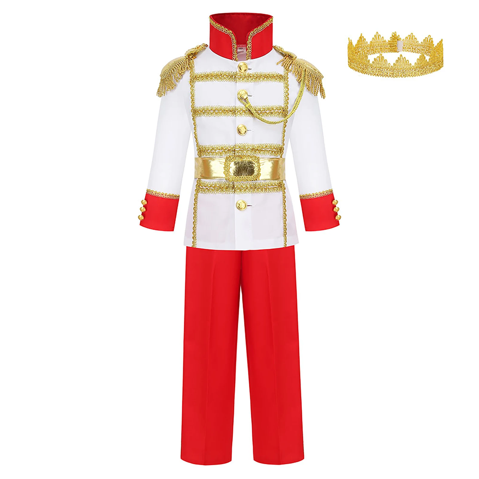 

Kids Boys Fancy Prince Cosplay Costumes Jackets with Epaulets Pants Waist Belt and Crown for Halloween Carnival Party Dress up