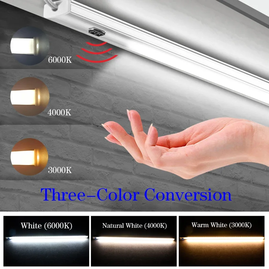 USB LED Bar Light Aluminium 30/40/50cm 3 Color Temperature Wall Lamp Hand Scan Sensor Switch Control Kitchen Closet Light