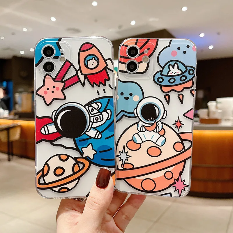 Spaceship Astronaut Phone Case For iPhone 11 12 13 Pro MAX 6 6S 7 8 Plus XS 12 13 Mini X XR SE 2020 Couple Clear Anime Cartoon waterproof phone holder