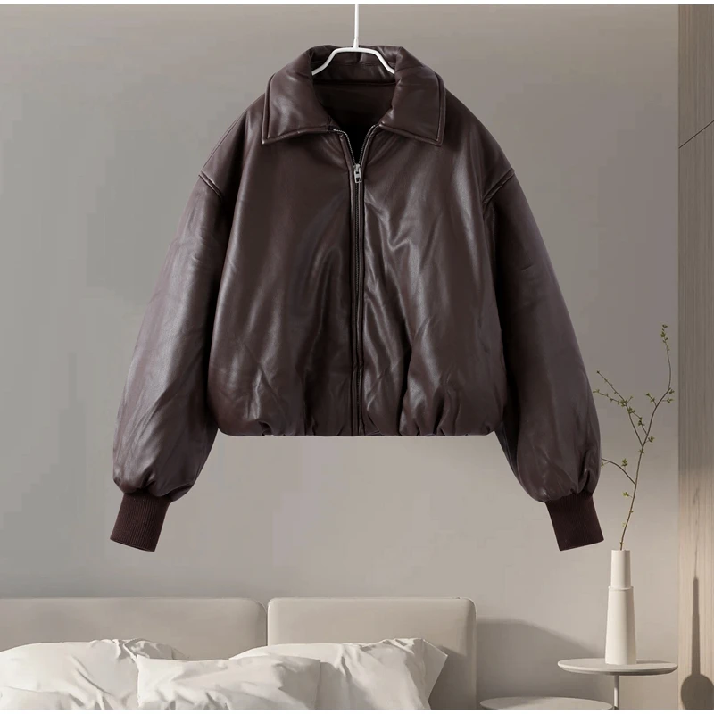 Description Picture 2 of itemVintage Winter Pu Leather Thick Women Jacket Chic Lapel Collar Full Sleeve Pockets Female Crop Coat 2024 Fashion Lady Outwear