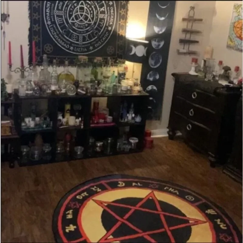 The Love Witch Patterned Round Rug Astrology Rug Movie Decor Red Pentagram Zombie Satan Red Voodoo Pentagram Circle floor mat