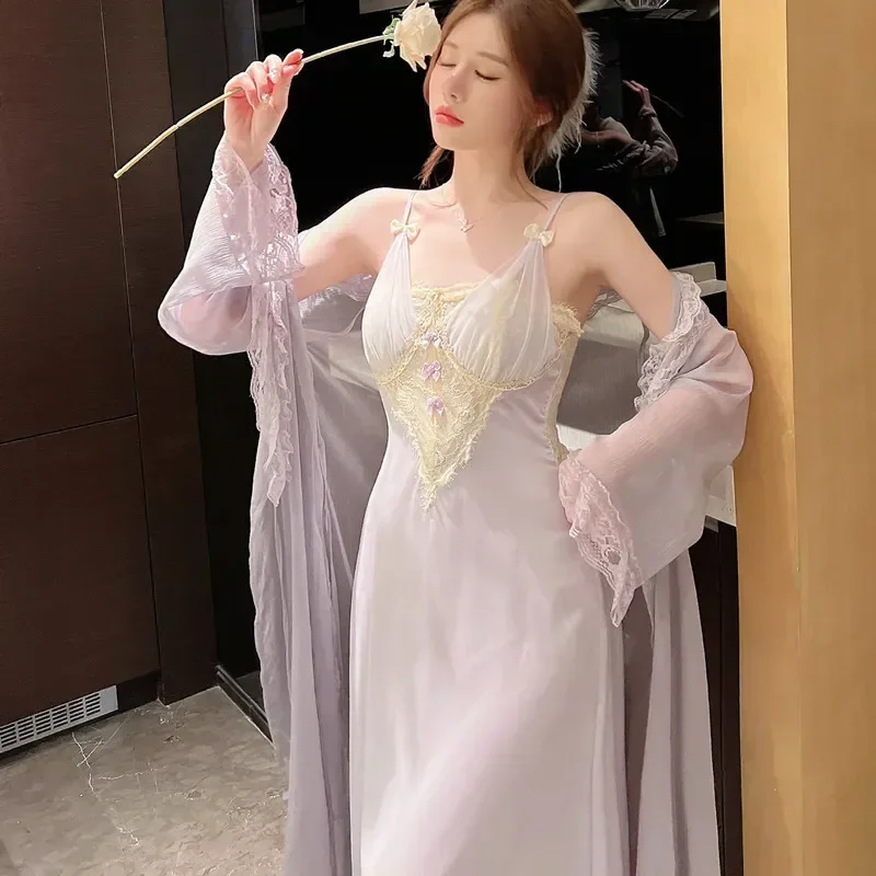 

Летняя одежда для сна, платье из двух предметов, искусственная шелковистая одежда для отдыха, кружевная ночная сорочка и халат, Женский комплект, атласная ночная рубашка