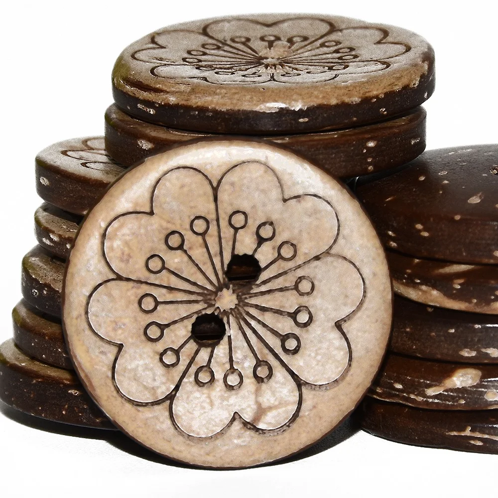 Natürliche Laser blume Kokosnuss schale Knöpfe, Nähen Zubehör Kleidung Dekorative Holz knopf, 2 Löcher 15PCs, 30PCs, 50PCs, 20mm – Detail 1