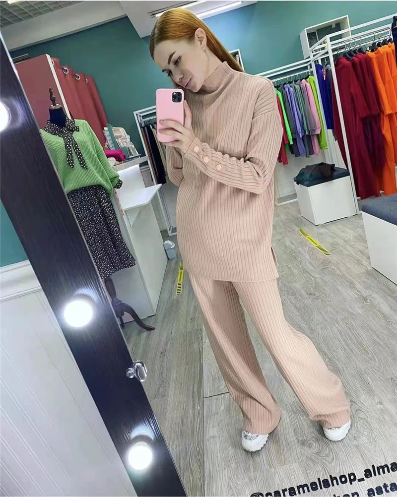 Women Spring Autumn Knitted 2 Piece Set Casual Tracksuit Long Sleeve Sweater And Wide Leg Jogging Pants Pullover Suits pant suits for older ladies