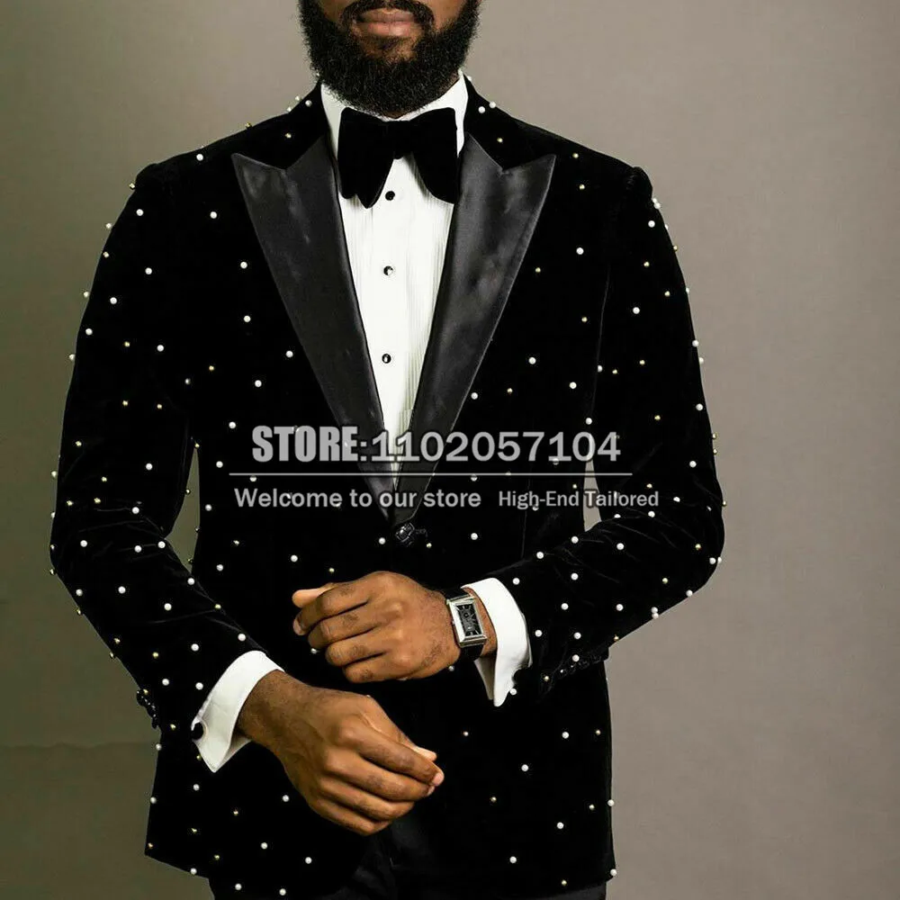 

Black Velvet Suit Jackets Formal Men Party Dress Satin Lapel Coat Pearls Groom Wear Regular Blazer Custom Made 1 Pieces Tuxedo