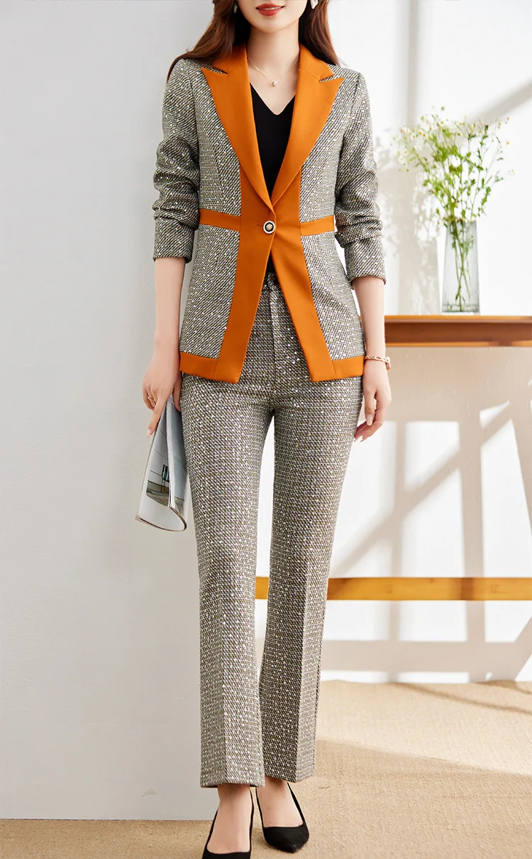 Tesco Office Suit For Women Plaid Blazer And Pants 2 Piece Sequined Chic Pant Sets Formal Patchwork Jacket For Work Women Suit