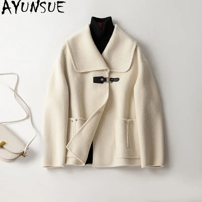 

AYUNSUE Top 10% Alpaca 90% Wool Coats for Women 2023 Autumn Winter Short Double-sided Woolen Jacket Doll Collar Casaco Feminino