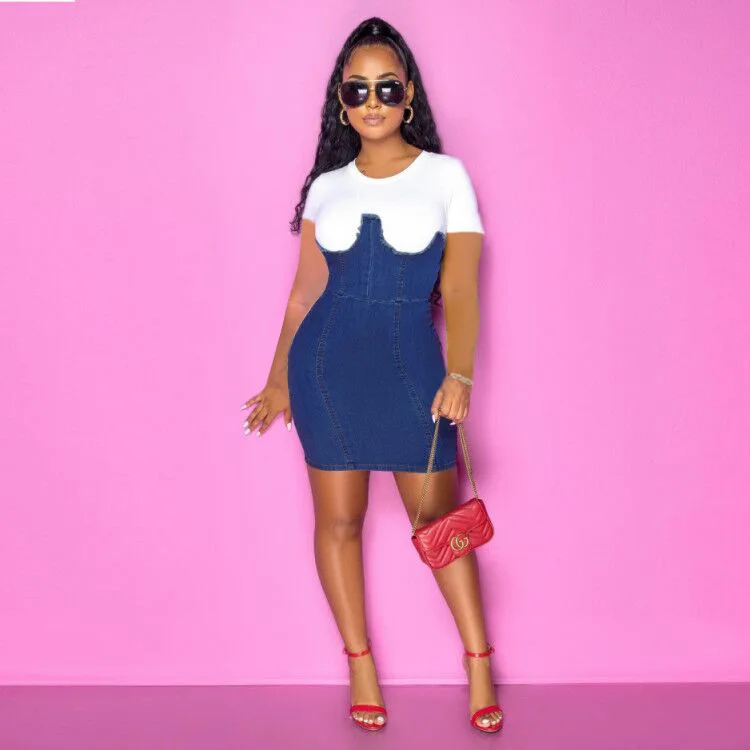 Denim Bodycon Dresses for Women 2023 Patchwork Short Sleeves