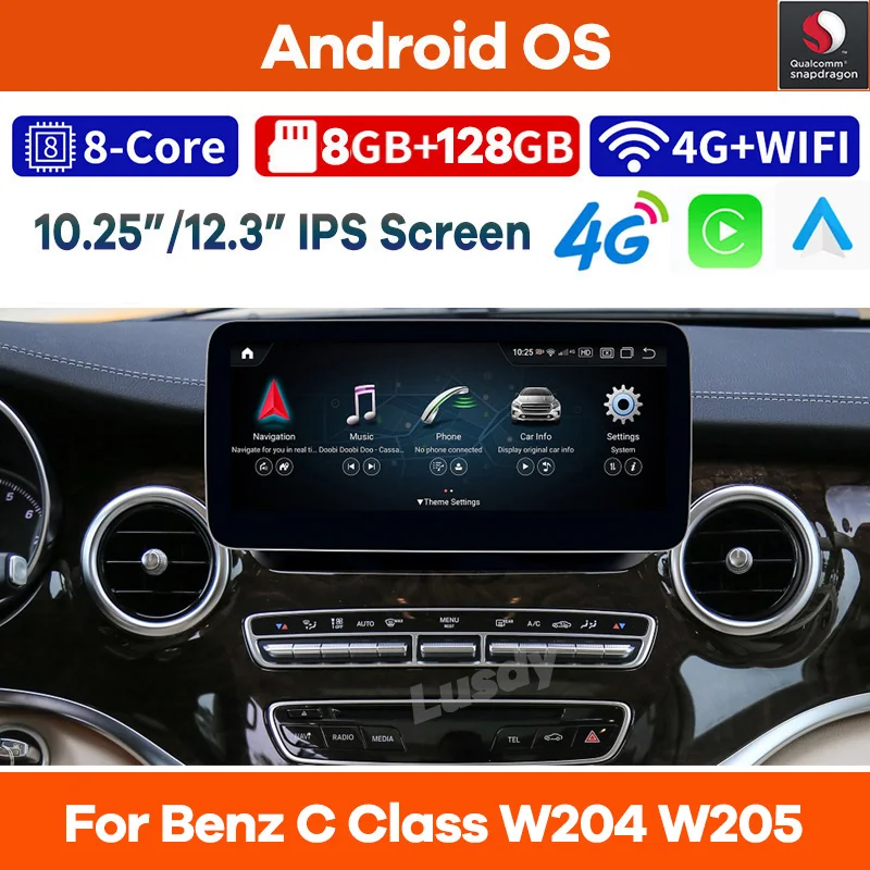 

10.25"/12.3" Android 13 Qualcomm Car Multimedia Player GPS Radio for Mercedes Benz C V Class W204 W205 GLC X253 W446 2008-2021