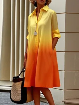 UOOZEE Abito camicia sfumato giallo arancione da donna 2025 Nuova manica lunga tasche larghe Abiti longuette per pendolari da ufficio moda casual 1