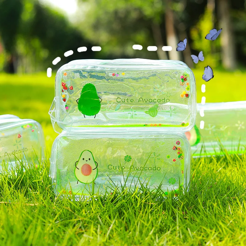 Cute Avocado Transparent Quicksand Pencil Case Cartoon Peach Large Capacity Stationery Portable Cosmetic Bag School Supplies