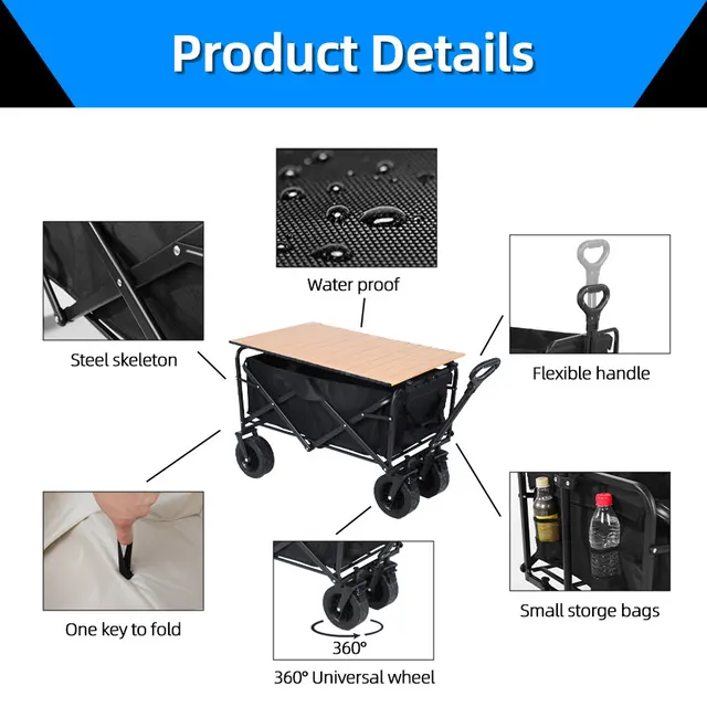 Collapsible Folding Utility Beach Cart Wagon Heavy Duty Large Capacity Fold Wagon Ourdoor Trolley Portable Garden Camping Cart 2
