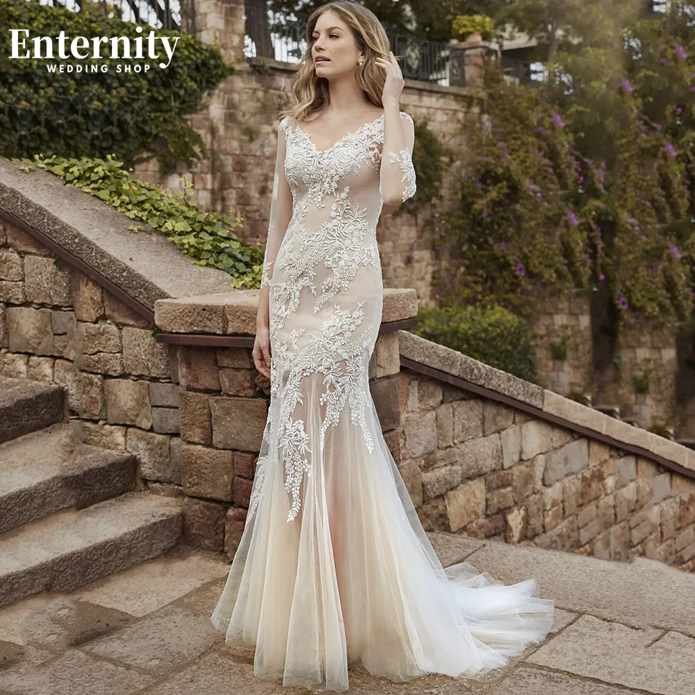 

Женское свадебное платье со шлейфом It's yiiya, белое кружевное платье с V-образным вырезом, рукавами три четверти и открытой спиной на лето 2019